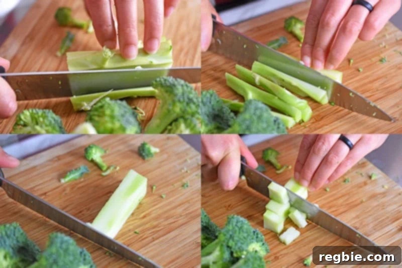 A collage showing the process of cleaning and chopping broccoli stems for Instant Pot Curried Cream of Broccoli Soup, highlighting the usability of the entire vegetable.