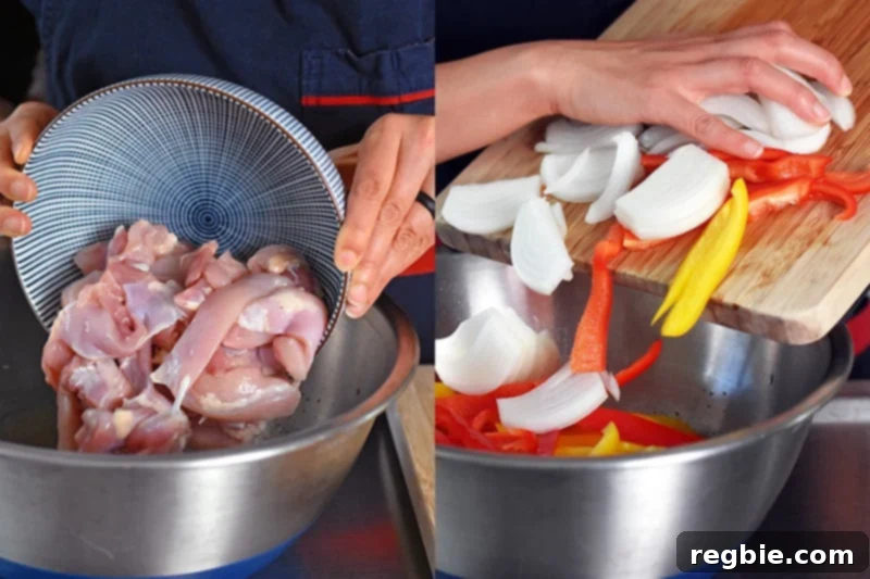 Adding sliced chicken thighs, bell peppers, and onions to the fajita marinade, ensuring even coating.