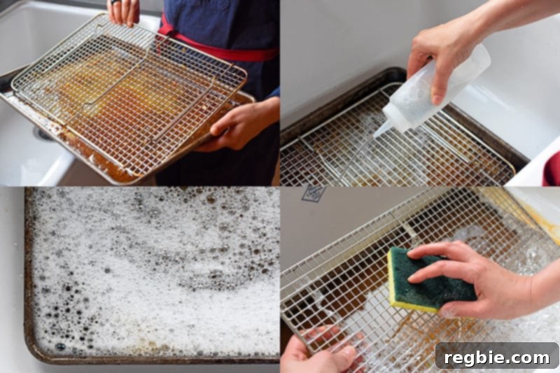 Step-by-step guide on how to effectively clean a dirty stainless steel wire rack: soak it upside down in soapy water within a rimmed baking sheet and then scrub.