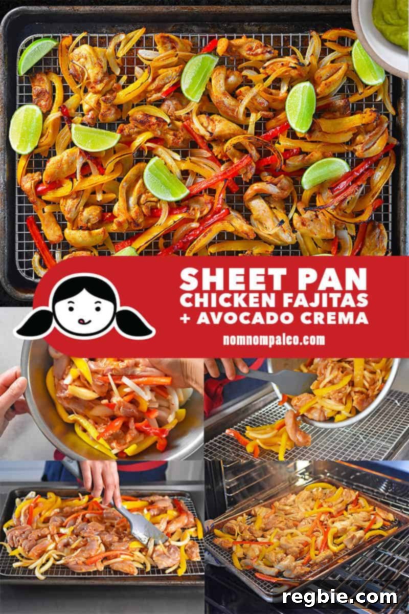 A comprehensive collage illustrating the key cooking steps for preparing Sheet Pan Chicken Fajitas and the accompanying Avocado Crema.