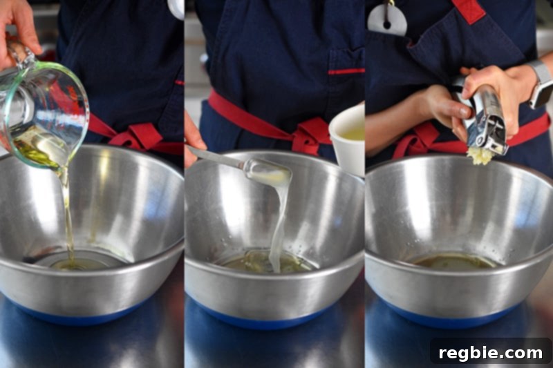 Making the flavorful marinade for Sheet Pan Chicken Fajitas by combining avocado oil, lime juice, and minced garlic.
