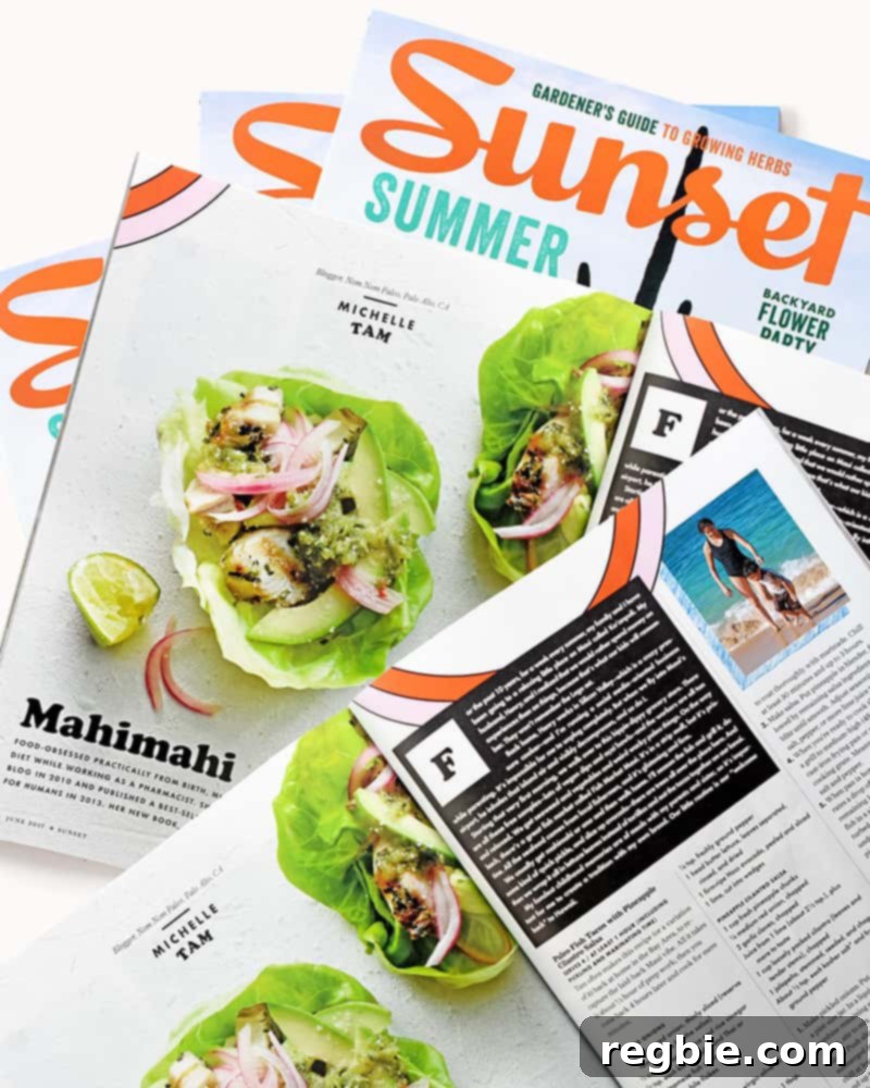 Michelle Tam in a swimsuit preparing Paleo Fish Tacos for Sunset Magazine