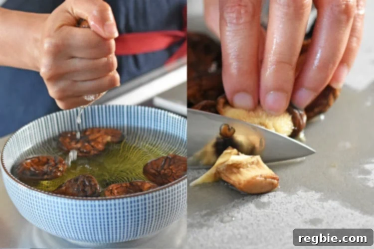 Golden-Crisp Cantonese Chicken Thighs 7 Squeezing the liquid out of rehydrated shiitake mushrooms and slicing of the stems.