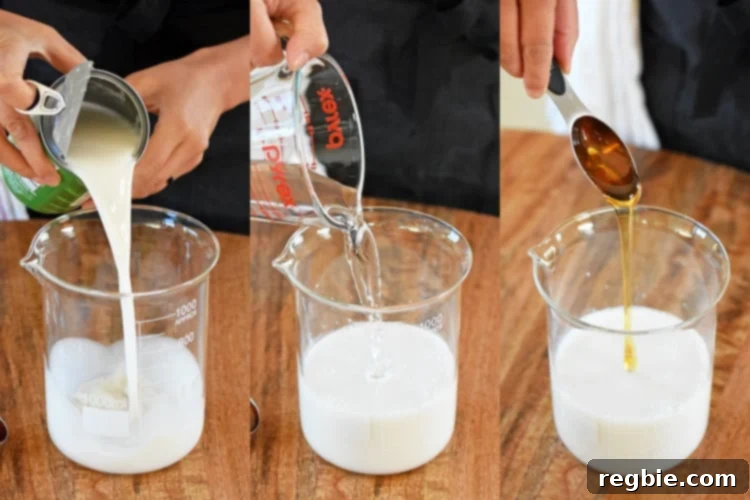 In a large measuring cup, someone is adding coconut milk, water, and honey.