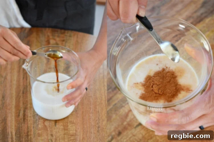 Someone is adding vanilla and cinnamon to the milk mixture for the coconut chia pudding.