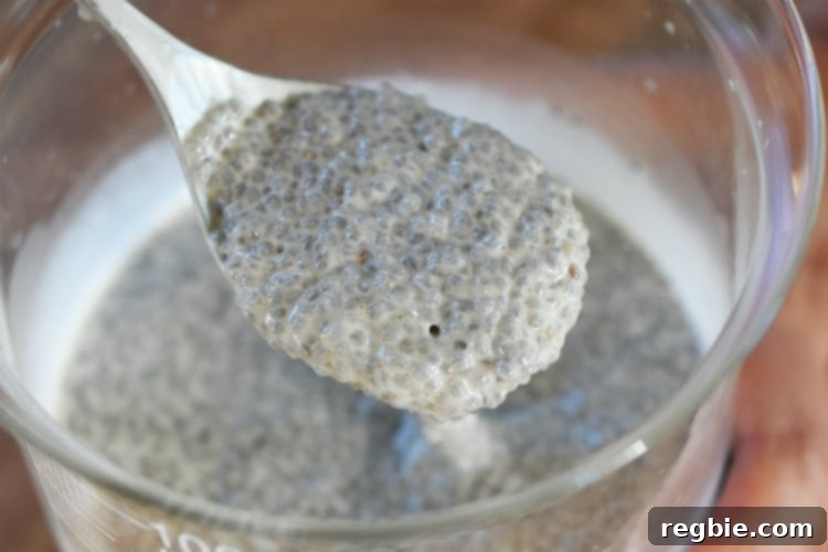 A spoon full of the thickened chia seed and milk mixture.