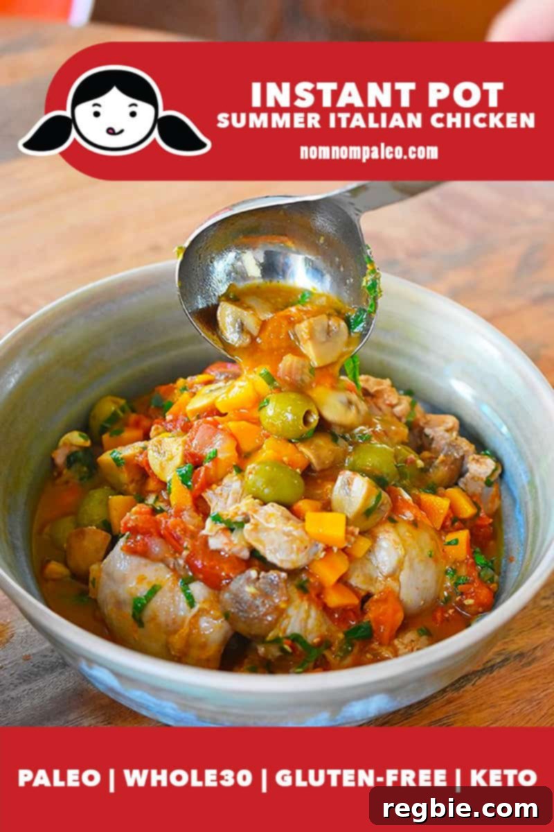 Ladling a scoop of Instant Pot Summer Italian Chicken Stew from an Instant Pot into a serving bowl.