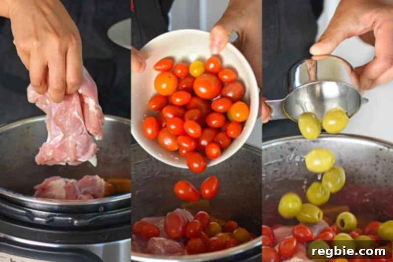 Adding the chicken thighs, cherry tomatoes, and green olives to an instant pot.
