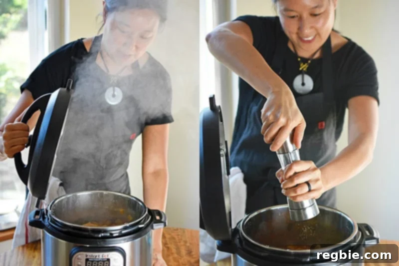 A woman opens an Instant Pot with lots of steam coming out, and adds freshly cracked black pepper.