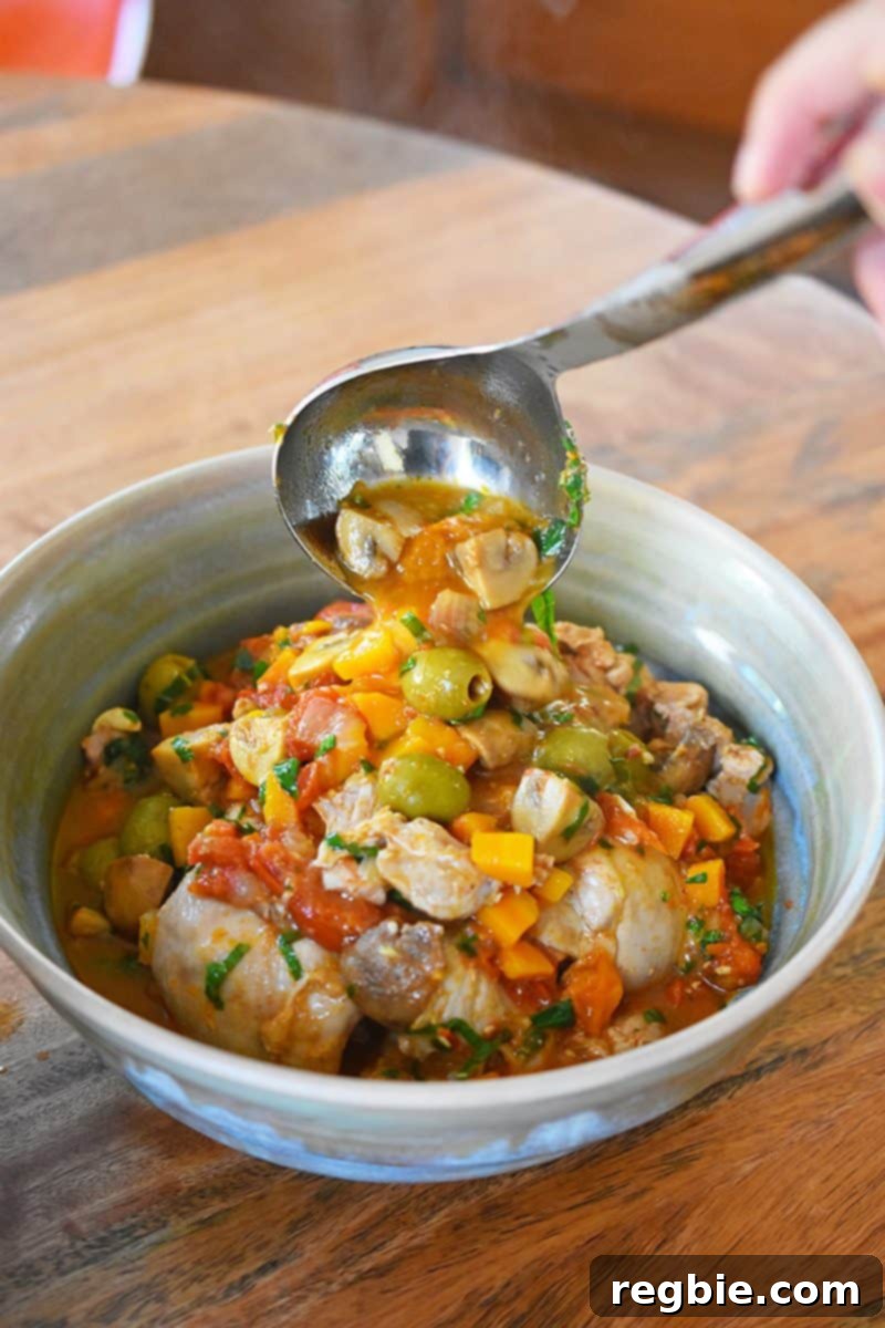 A hand is ladling Instant Pot Summer Italian Chicken into a serving bowl, showcasing the final dish.