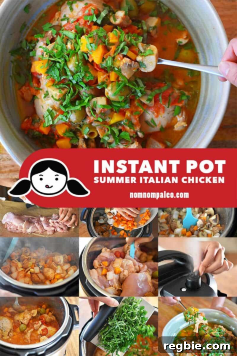 A collage of the cooking steps to make Instant Pot Summer Italian Chicken, a Whole30-friendly weeknight stew, showing raw chicken being prepared.
