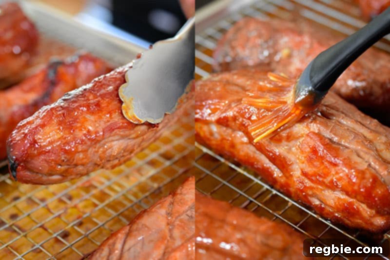 The Paleo Char Siu (Chinese BBQ Pork) is shown after another roasting period, ready for the final glaze application.