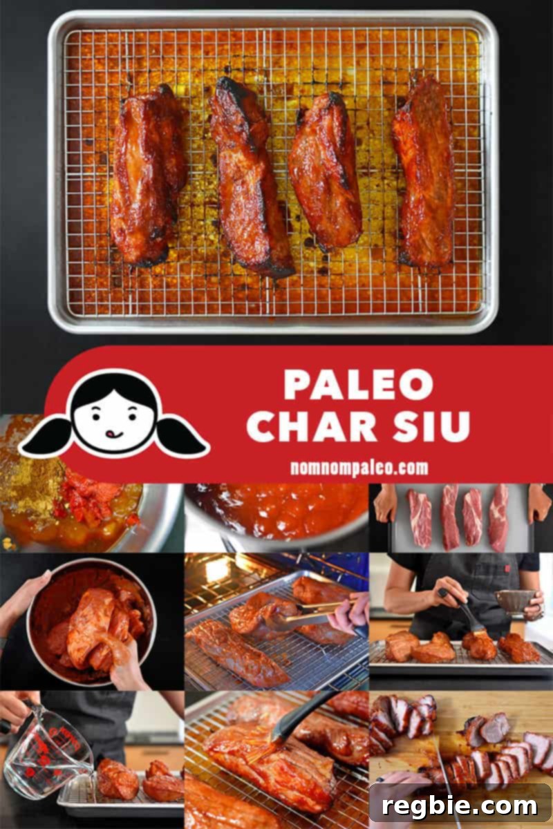 Step-by-step collage illustrating the preparation of the Paleo Char Siu recipe, showing marination and roasting stages.