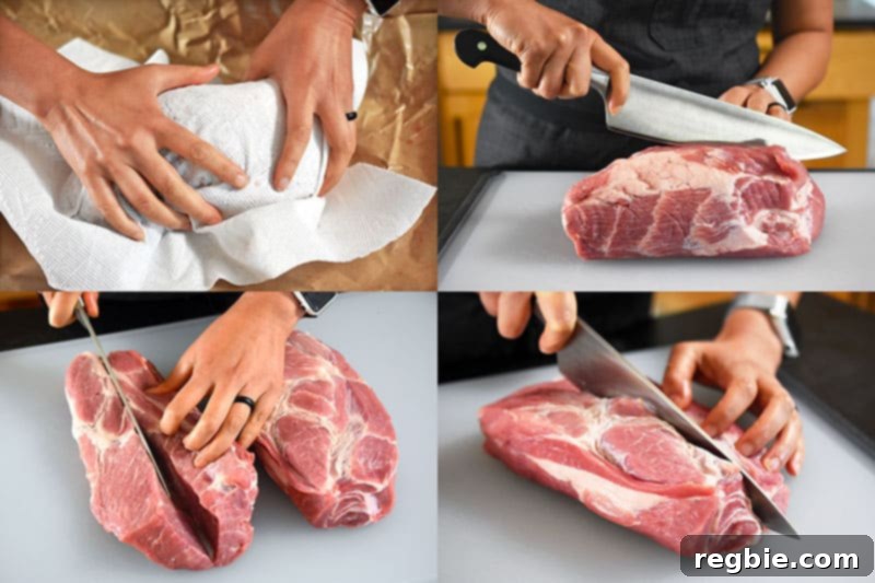 Hands are drying and slicing boneless pork shoulder into even strips for Paleo Char Siu.