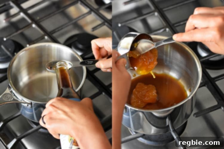 Measuring coconut aminos and apricot jam into a small saucepan to make Whole30 Apricot Ginger Sauce.