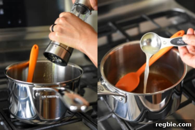 Adding freshly cracked black pepper and lemon juice to a saucepan filled with homemade Apricot-Ginger Sauce.