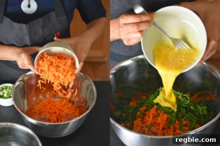 Adding finely shredded vegetables, rich ground turkey, and whisked eggs into a large mixing bowl, the initial step for crafting delicious Curry Turkey Bites and Apricot-Ginger Sauce.