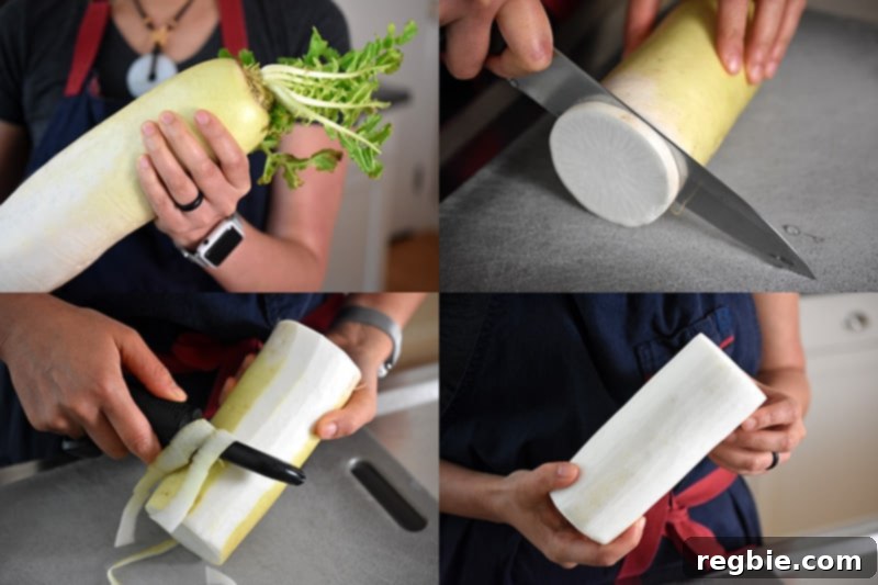 Someone carefully peeling and preparing a daikon radish for spiralizing into noodles.