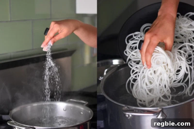Salt being added to a pot of boiling water, followed by the careful placement of daikon noodles into the pot.
