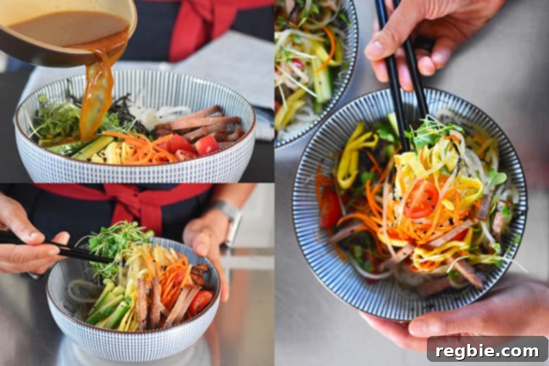 Someone pouring the all-purpose stir-fry sauce onto a bowl of Paleo Hiyashi Chūka and mixing the ingredients to combine.