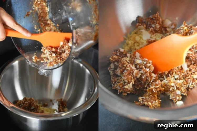 The blended date and coconut paste being carefully transferred from the food processor into a spacious metal bowl, ready for its final combination with the prepared macadamia nuts.