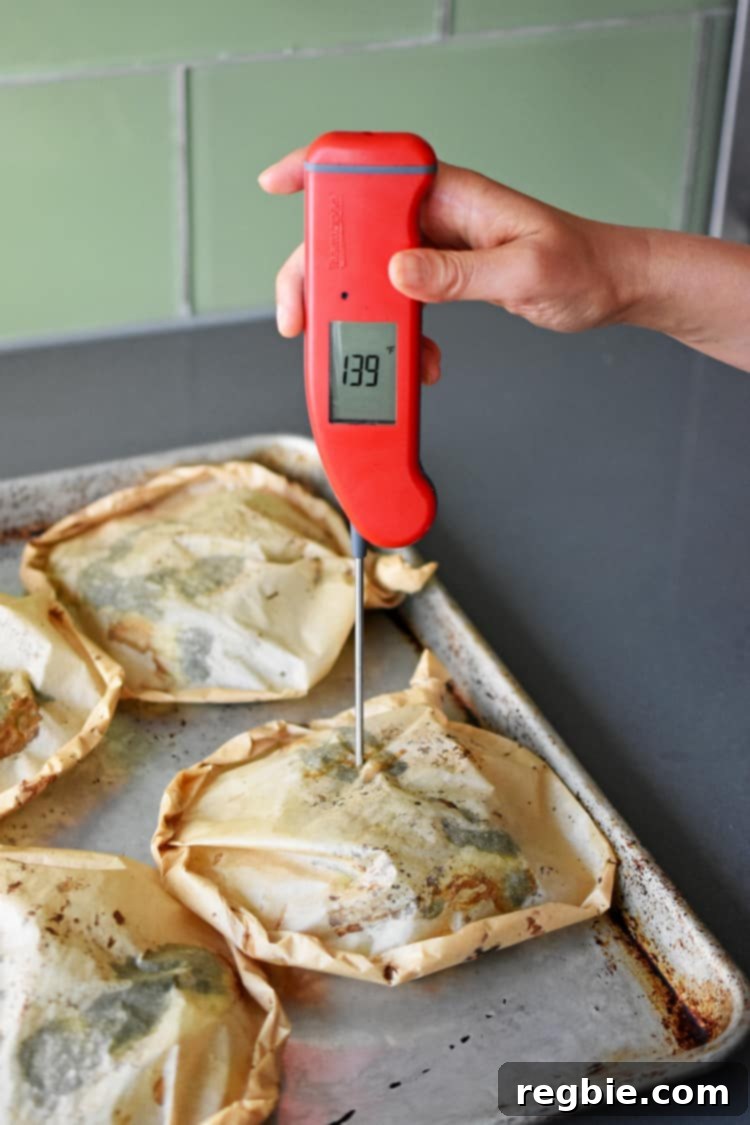 Checking the internal temperature of a fish fillet inside a parchment packet with a meat thermometer.