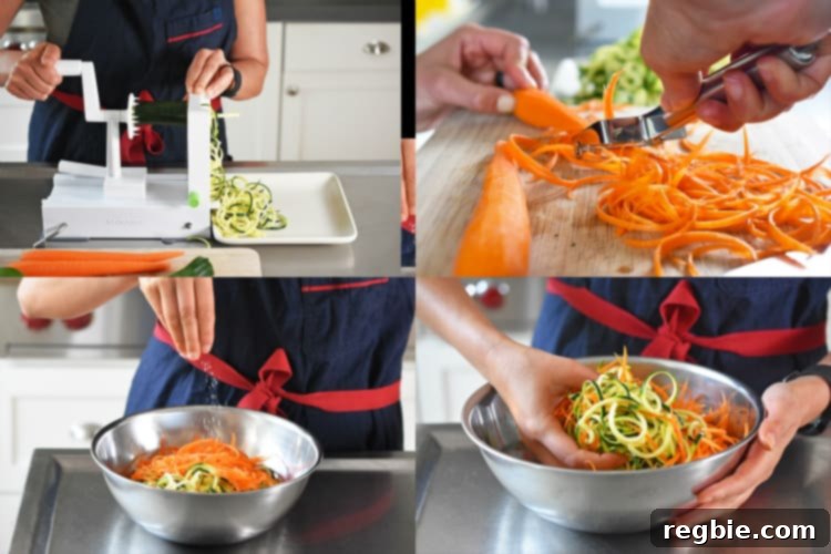 Preparing the vegetables for Fiona’s Phenomenal Fish Packets, showing thinly spiraled carrots and zucchini in a bowl.