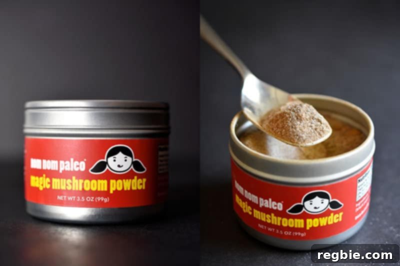 Nom Nom Paleo Magic Mushroom Powder in elegant tins, available exclusively at Whole Foods