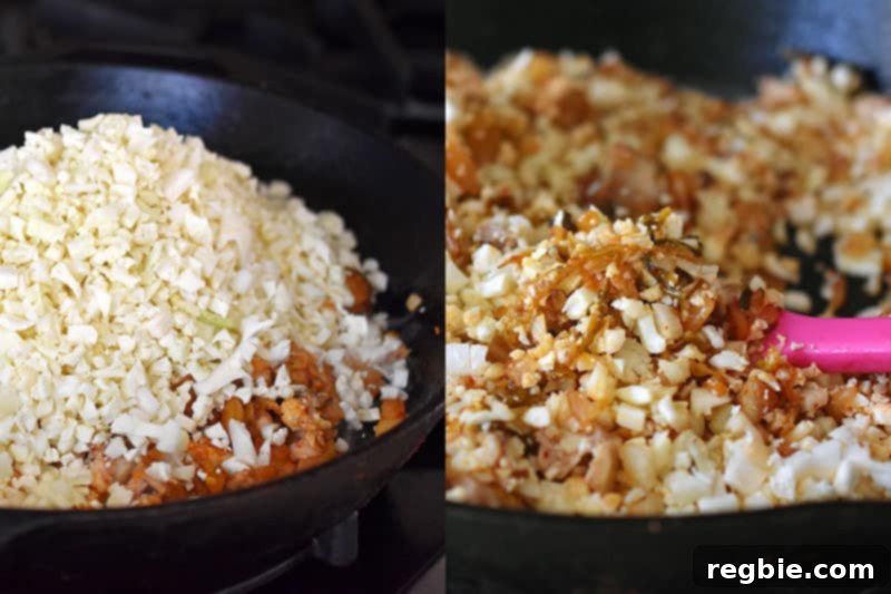 Riced cauliflower being added to the pan with kimchi, chicken, and onions, followed by the addition of kimchi juice and coconut aminos.