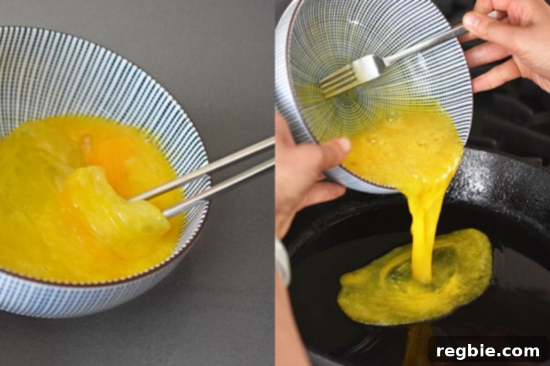 A two-part image showing whisked eggs in a bowl followed by the eggs being poured into a hot skillet, ready to cook into a thin omelet.