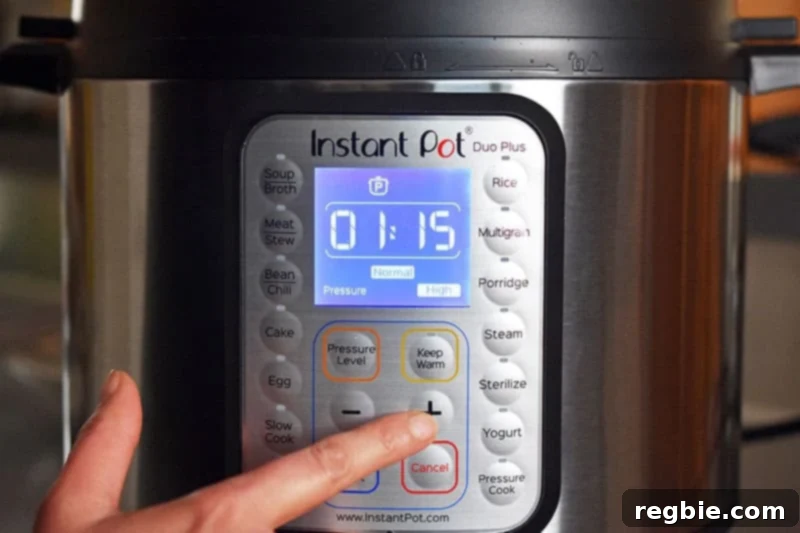 The Instant Pot is programmed to cook for 75 minutes under high pressure