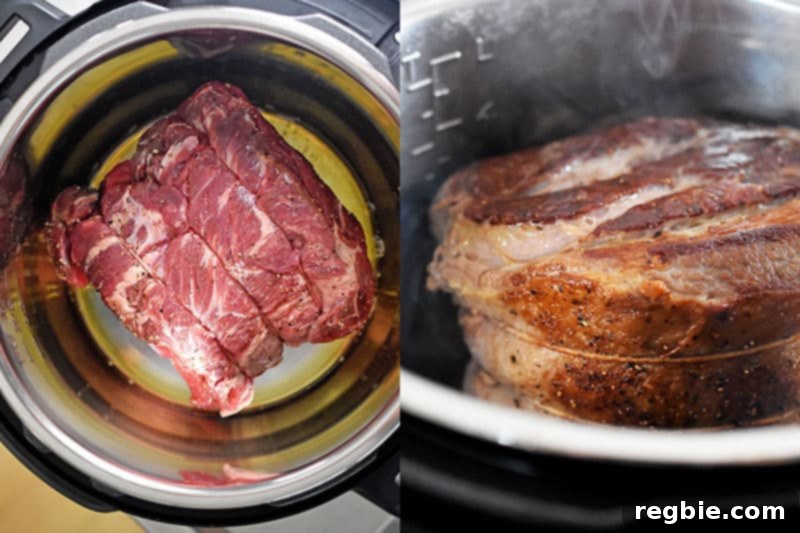 Searing the salted chuck roast in an Instant Pot