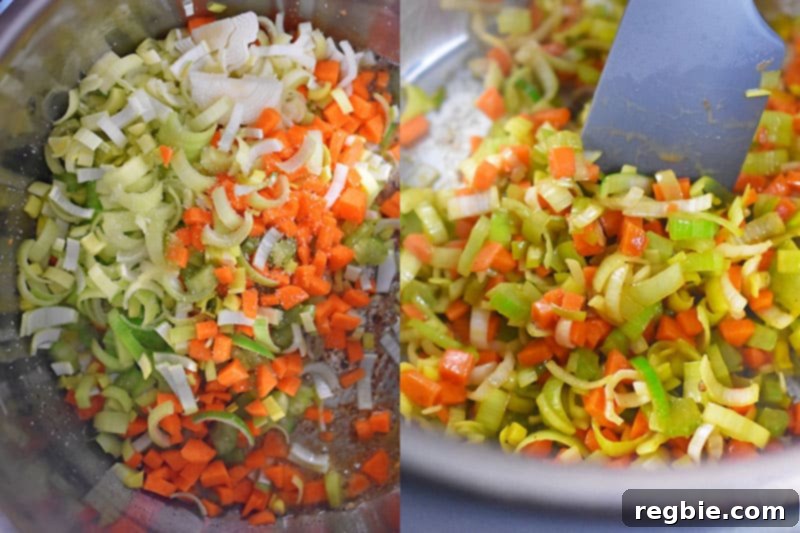 Adding diced vegetables to the Instant Pot and sautéing them until soft