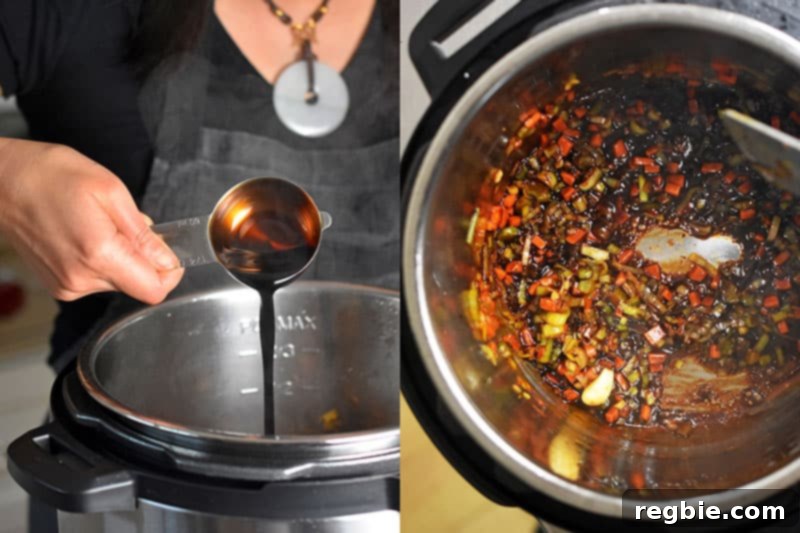 Balsamic vinegar is poured into the Instant Pot and cooked down