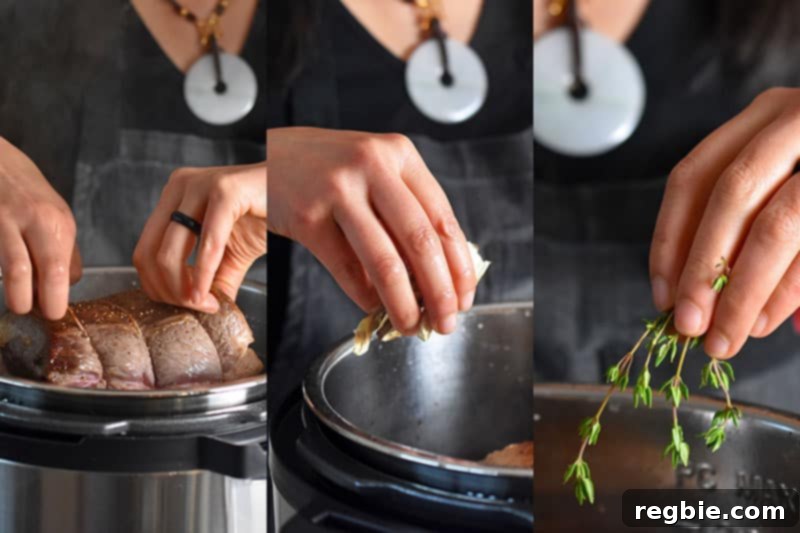 The seared pot roast, mushrooms, and thyme are added to the Instant Pot