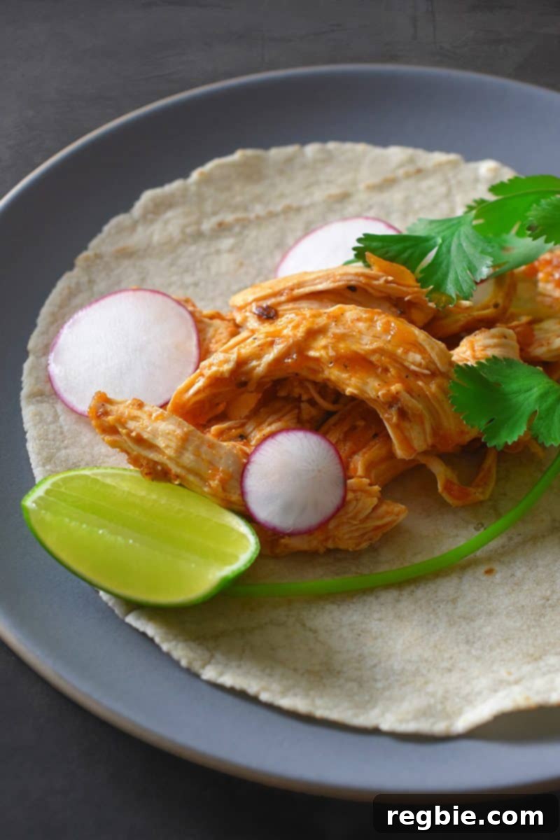Instant Pot Whole30 Keto Salsa Chicken Tacos 2 A plate of Instant Pot Salsa Chicken Tacos on grain-free tortillas, garnished with fresh lime wedges, thinly sliced radishes, and vibrant cilantro, ready for a healthy meal.