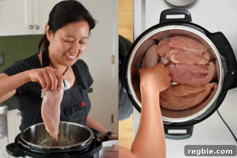 Instant Pot Whole30 Keto Salsa Chicken Tacos 3 A person carefully placing boneless, skinless chicken breasts into the Instant Pot in a single layer to prepare healthy Instant Pot Salsa Chicken Tacos.
