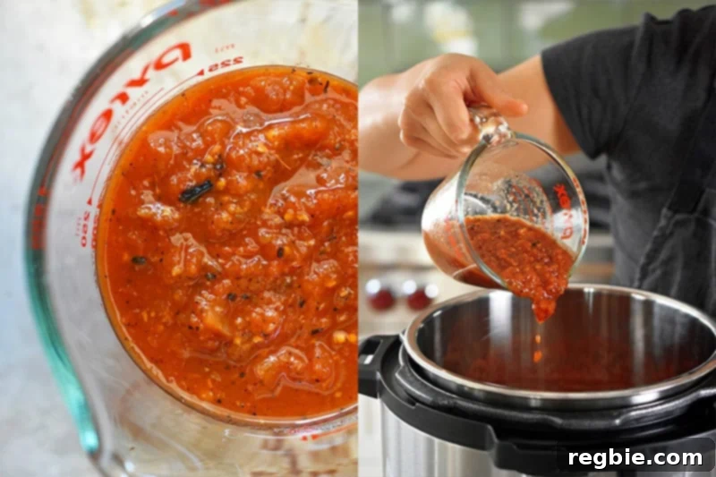 Instant Pot Whole30 Keto Salsa Chicken Tacos 5 An overhead view of a measuring cup pouring vibrant red salsa over seasoned chicken in an electric pressure cooker, preparing Instant Pot Salsa Chicken Tacos.