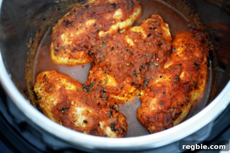 Instant Pot Whole30 Keto Salsa Chicken Tacos 6 An overhead shot of perfectly cooked Instant Pot Salsa Chicken resting in the open Instant Pot, steam gently rising, ready to be transferred for shredding and serving as tacos.
