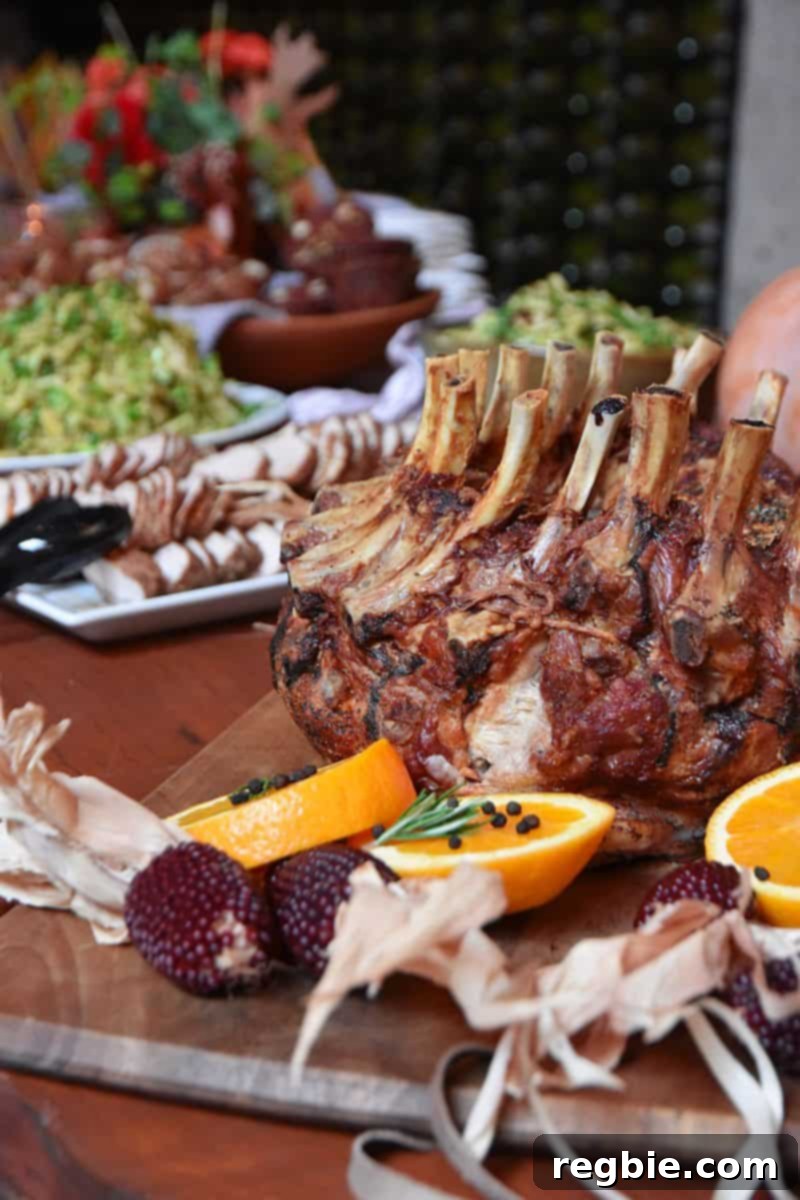 A plate full of various dishes arranged for a Thanksgiving feast, including the crown roast.