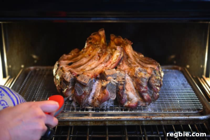 Someone measuring the temperature of Magic Crown Roast of Pork with an instant read thermometer to ensure proper doneness.