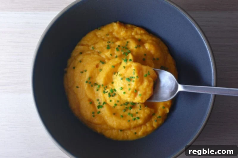 Instant Pot Wholesome Autumn Mash 15 A beautifully plated bowl of paleo and Whole30 Instant Pot Autumn Mash, garnished with fresh chives, with a serving spoon poised to scoop.