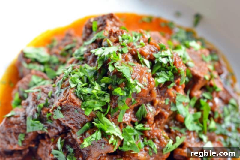 Slow-Roasted Mexican Pulled Beef 2 Oven-Braised Mexican Beef in a serving dish, garnished with fresh cilantro and radishes.
