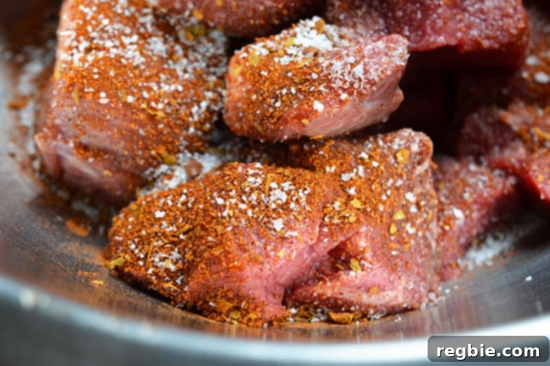 Slow-Roasted Mexican Pulled Beef 3 Cubes of beef seasoned with chili powder and kosher salt in a mixing bowl.
