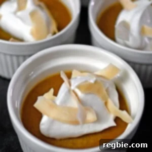 A close-up view of three inviting paleo pumpkin custards, elegantly topped with fluffy whipped coconut cream and sprinkled with golden toasted coconut flakes.