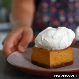 A hand elegantly holds a small pink plate, presenting a perfectly square pumpkin pie bar generously topped with fluffy whipped coconut cream, a delightful and convenient dessert option.