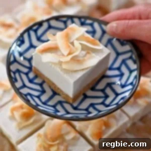 A hand holding a charming blue and white plate, presenting a single, perfectly proportioned coconut cream bar, ready to be enjoyed as a cool, creamy treat.