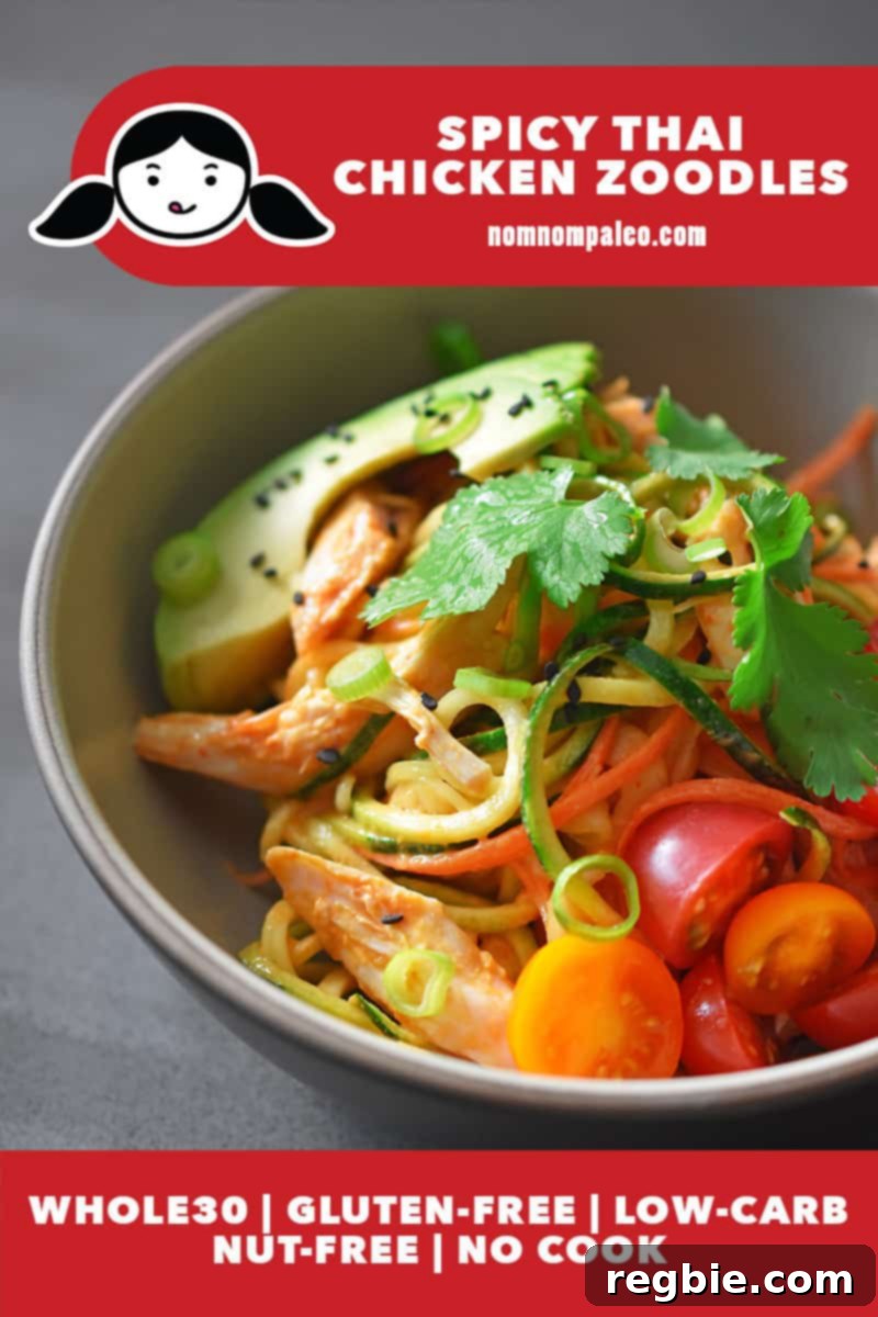 A vibrant bowl of Spicy Thai Chicken Zoodle Salad, brimming with spiralized zucchini, shredded chicken, cherry tomatoes, and creamy avocado, ready to eat. The red label indicates the dish is Whole30, gluten-free, nut-free, no-cook, and low-carb.