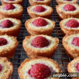 A close up of freshly baked paleo and gluten-free raspberry financiers on a cooling rack, ready for gifting.