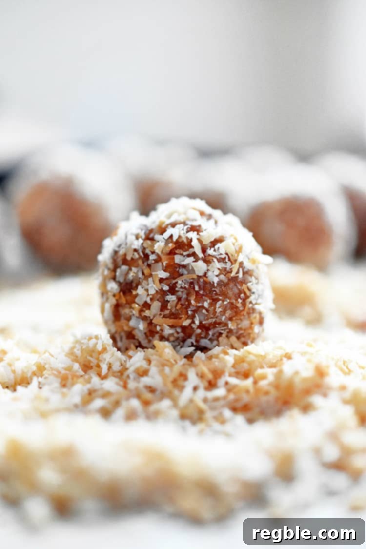 A perfectly formed Liar Ball, a paleo no-cook healthy energy ball, nestled in a pile of toasted shredded coconut, ready for a healthy snack or gift.
